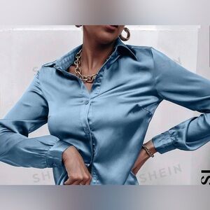 Baby Blue Business Button Front Satin Blouse